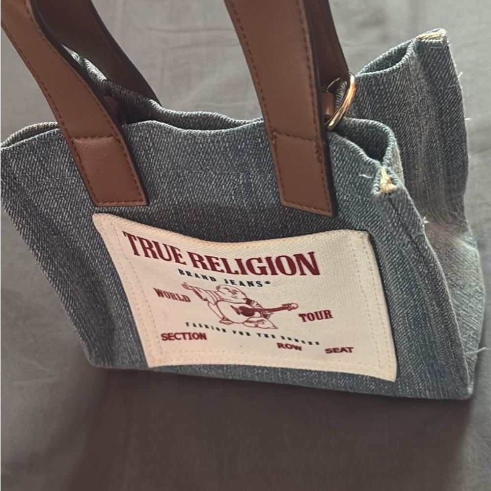True Religion Blue Denim Tote with Brown Handles